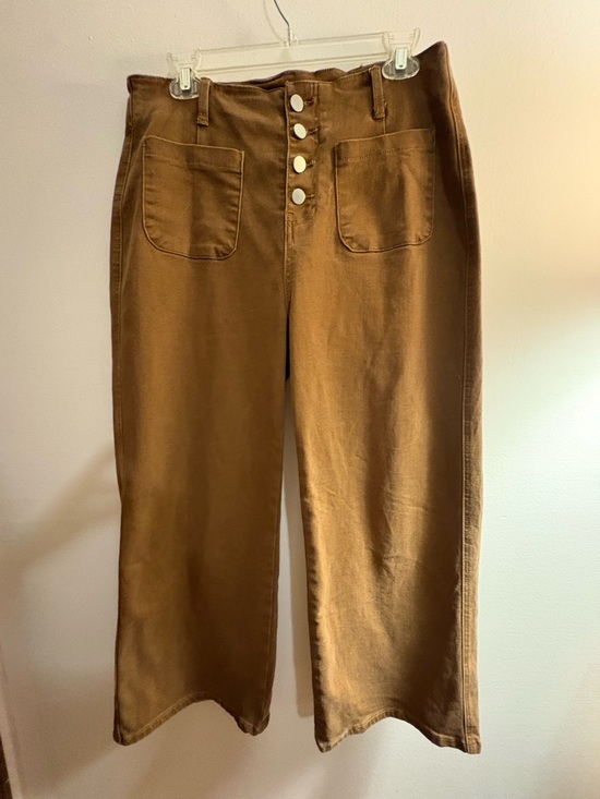 Sidefeel Denim - Sidefeel Brown High Waisted Wide Leg Cropped Pants Button Front Casual Chic
